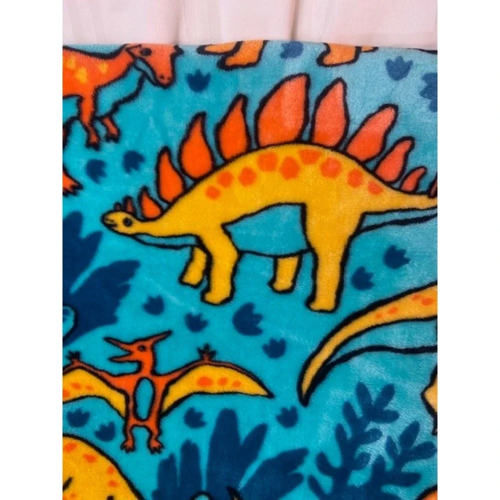 The Big One Dinosaur Plush Throw Blanket Teal Orange Yellow 60x72 Large Fleece